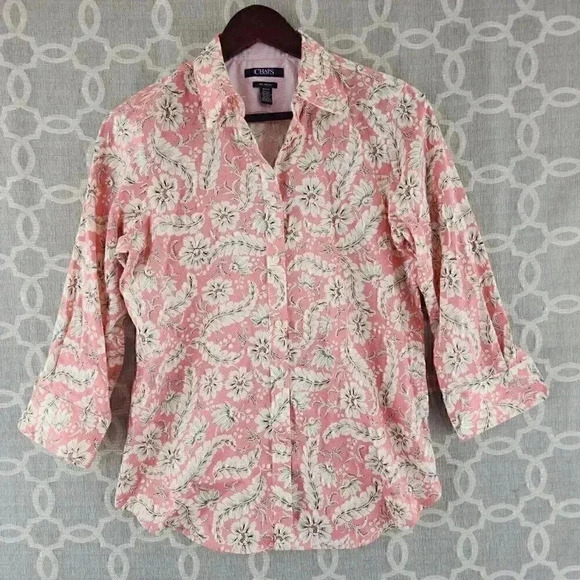 Chaps 100% Cotton Paisley Half Sleeve Button Up Women's S/P - Picture 1 of 8